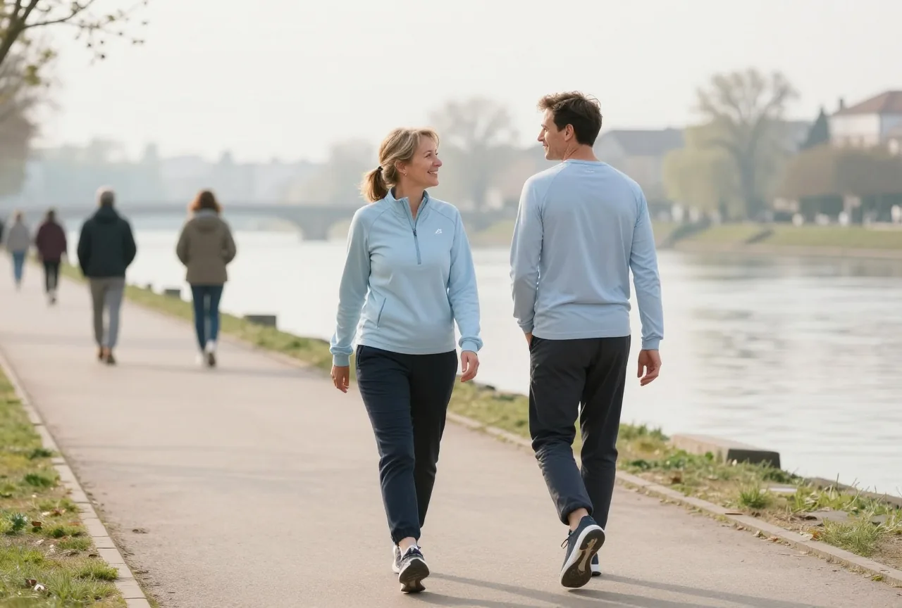 Mann und Frau in den Fünfzigern gehen morgens zügig nebeneinander auf einem Uferweg und unterhalten sich