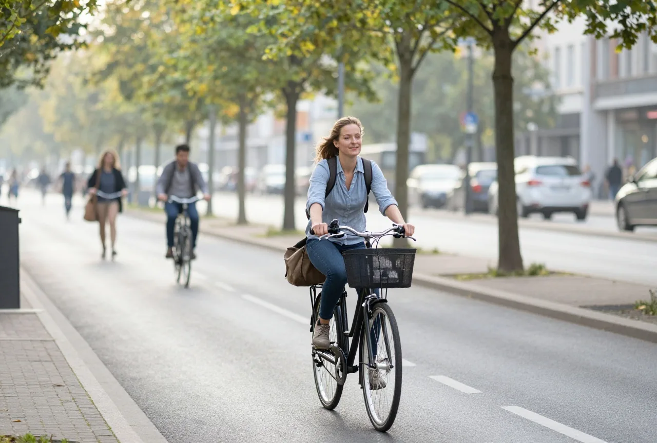 Frau in den Dreißigern fährt morgens mit dem Rad und einer Tasche auf dem Gepäckträger zur Arbeit