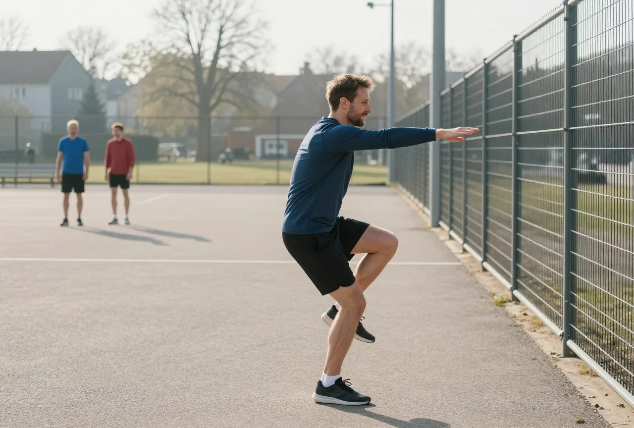 Mann in den Vierzigern macht vor dem Laufen auf einem Sportplatz lockere Beinschwünge, eine Hand am Zaun