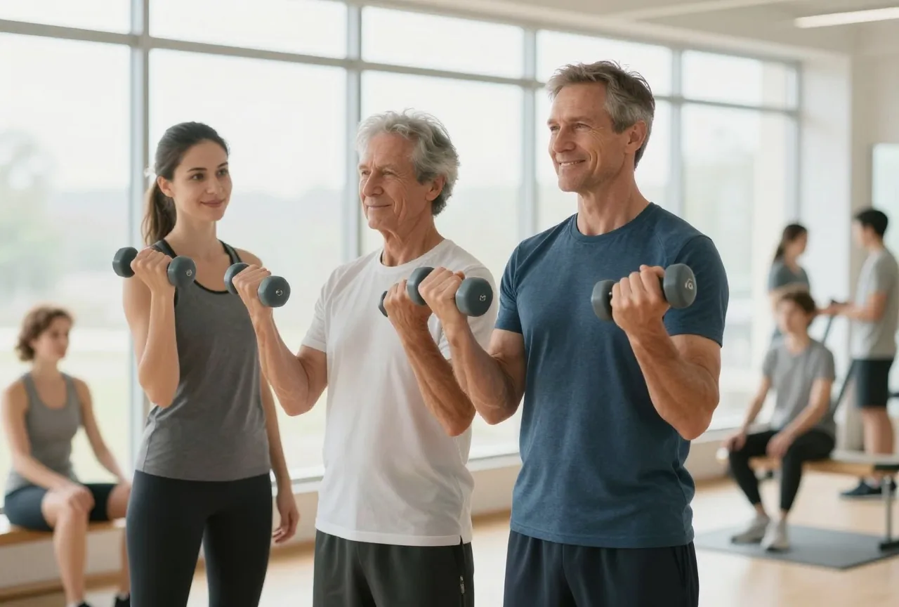 Mann Ende fünfzig hebt in einem hellen Fitnessstudio leichte Kurzhanteln, eine Trainerin steht neben ihm