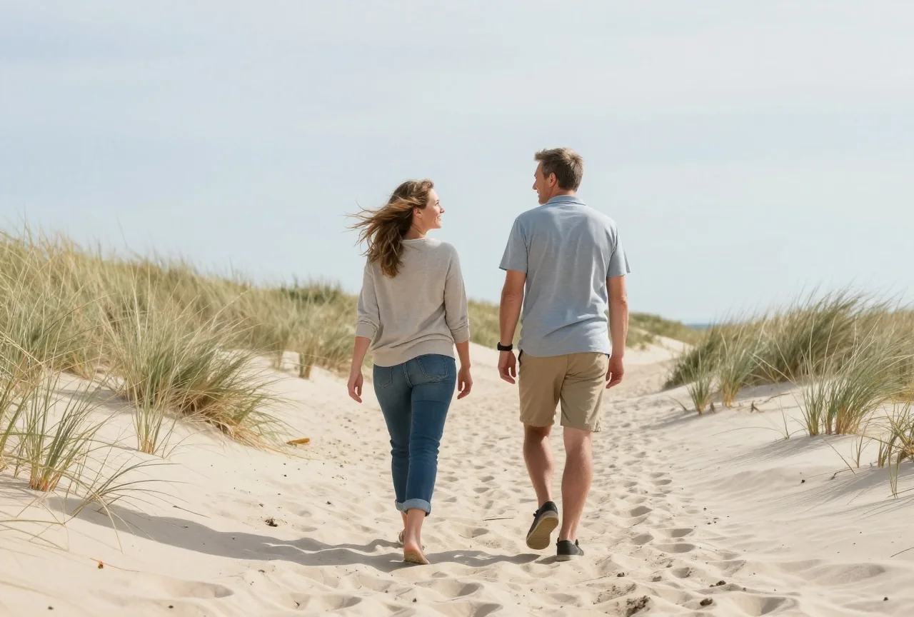 Frau und Mann Ende vierzig gehen am Nachmittag zügig auf einem Dünenweg an einem Sandstrand entlang