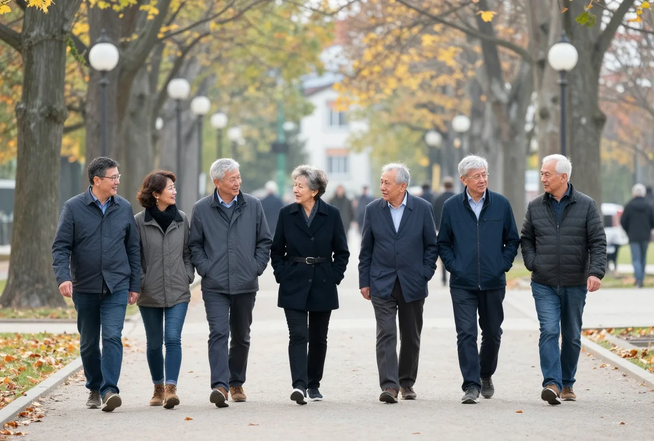 Kleine Gruppe Frauen und Männer in den Sechzigern und Siebzigern geht im Herbst plaudernd durch einen Park