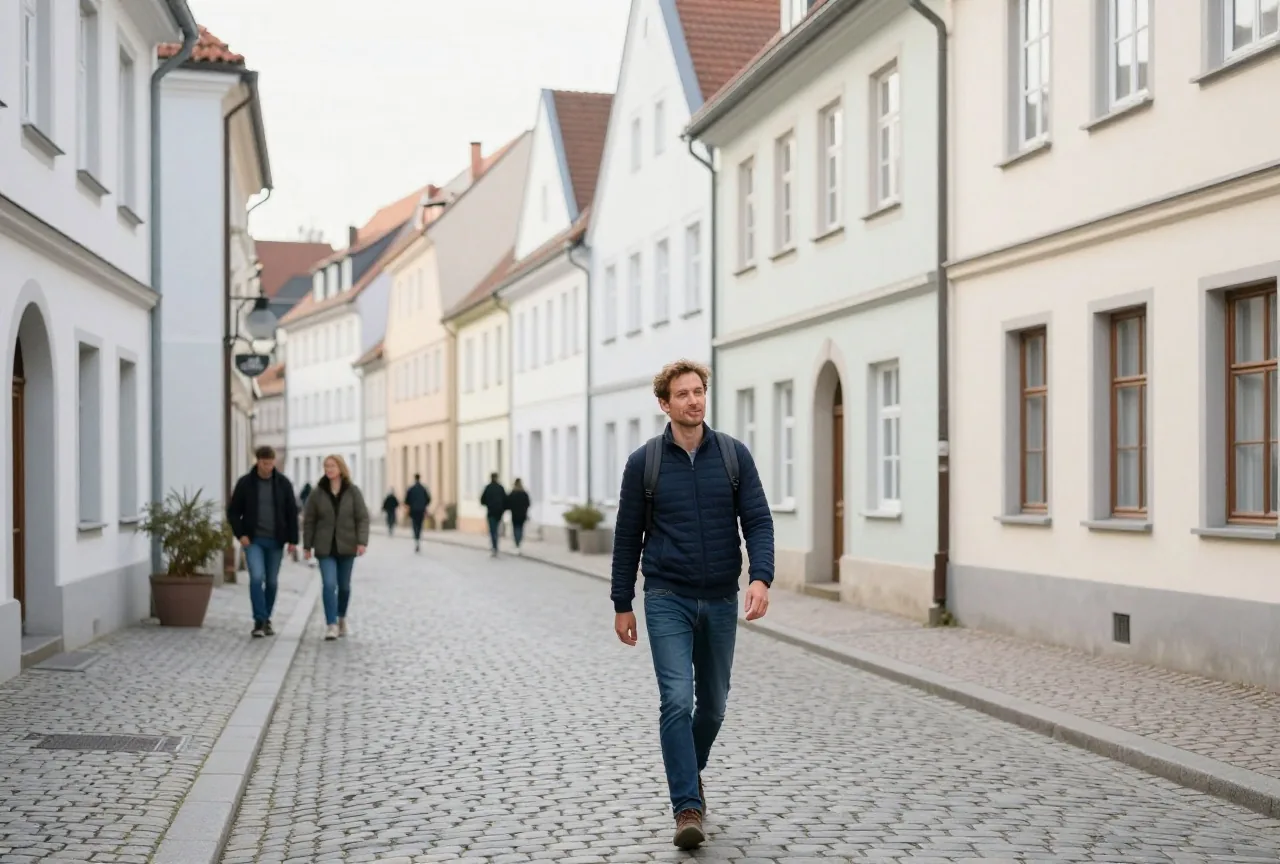 Mann in den Dreißigern geht morgens mit Rucksack zu Fuß durch eine Altstadtgasse mit Kopfsteinpflaster zur Arbeit