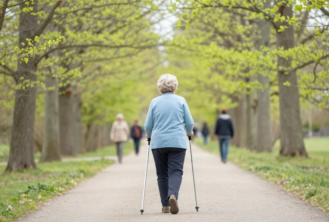 Frau in den Siebzigern geht im Frühling aufrecht mit zwei Walkingstöcken einen Waldweg entlang