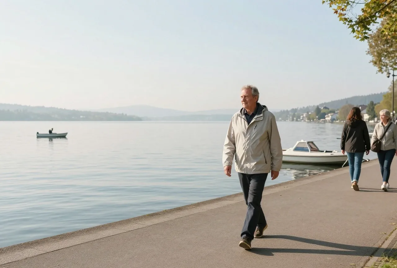 Mann in den Sechzigern geht am Morgen in leichter Windjacke zügig eine Uferpromenade an einem See entlang