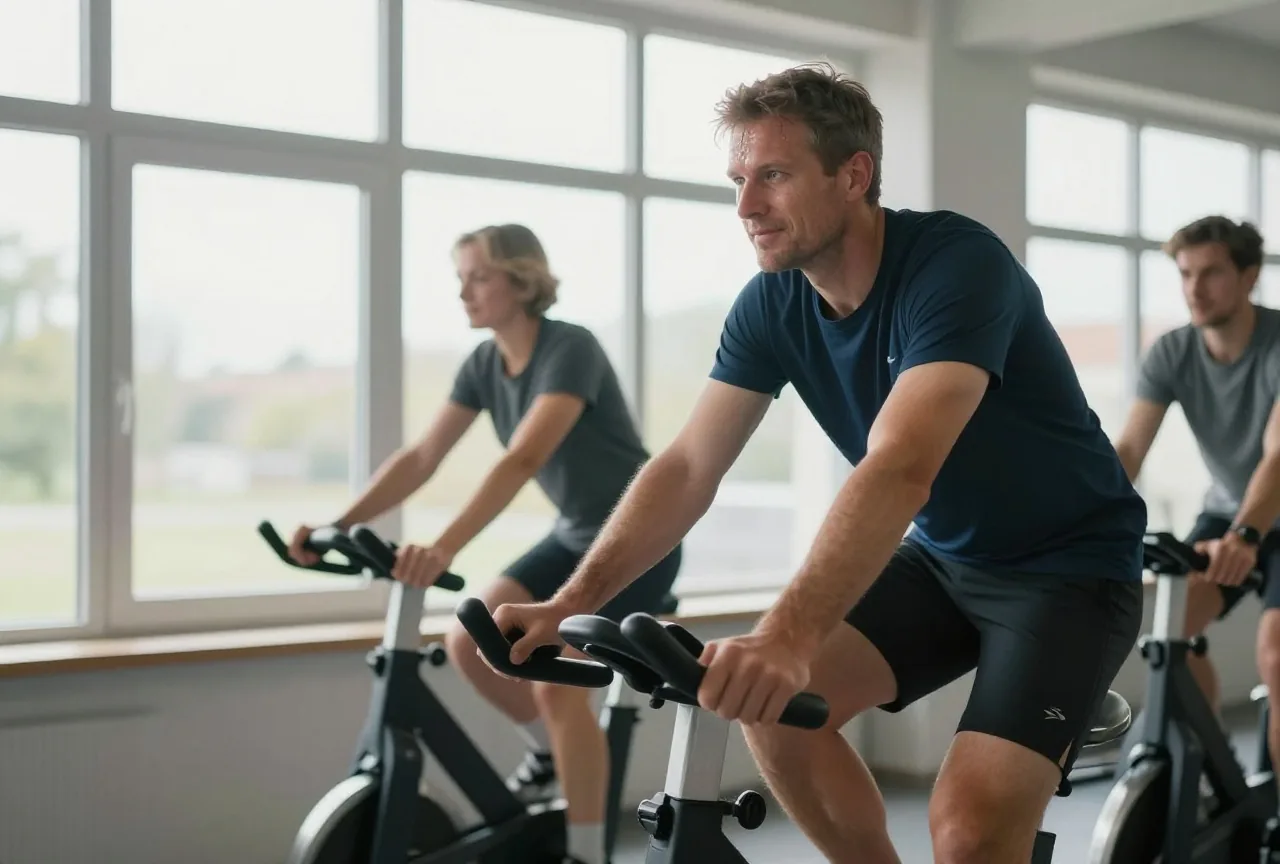 Mann in den Vierzigern tritt in einem hellen Trainingsraum kräftig in die Pedale eines Standrads