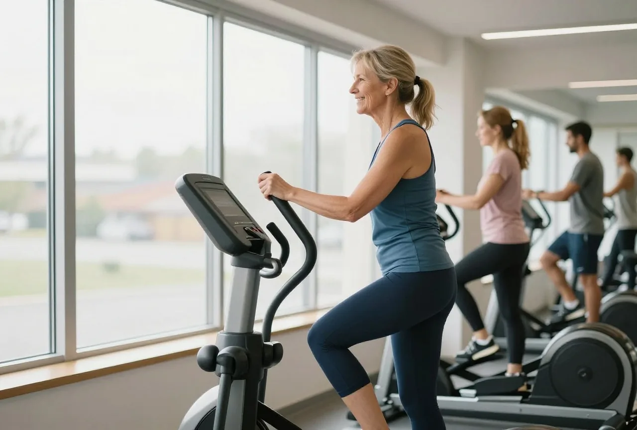 Frau in den Sechzigern trainiert in einem hellen Fitnessstudio gleichmäßig auf einem Crosstrainer am Fenster