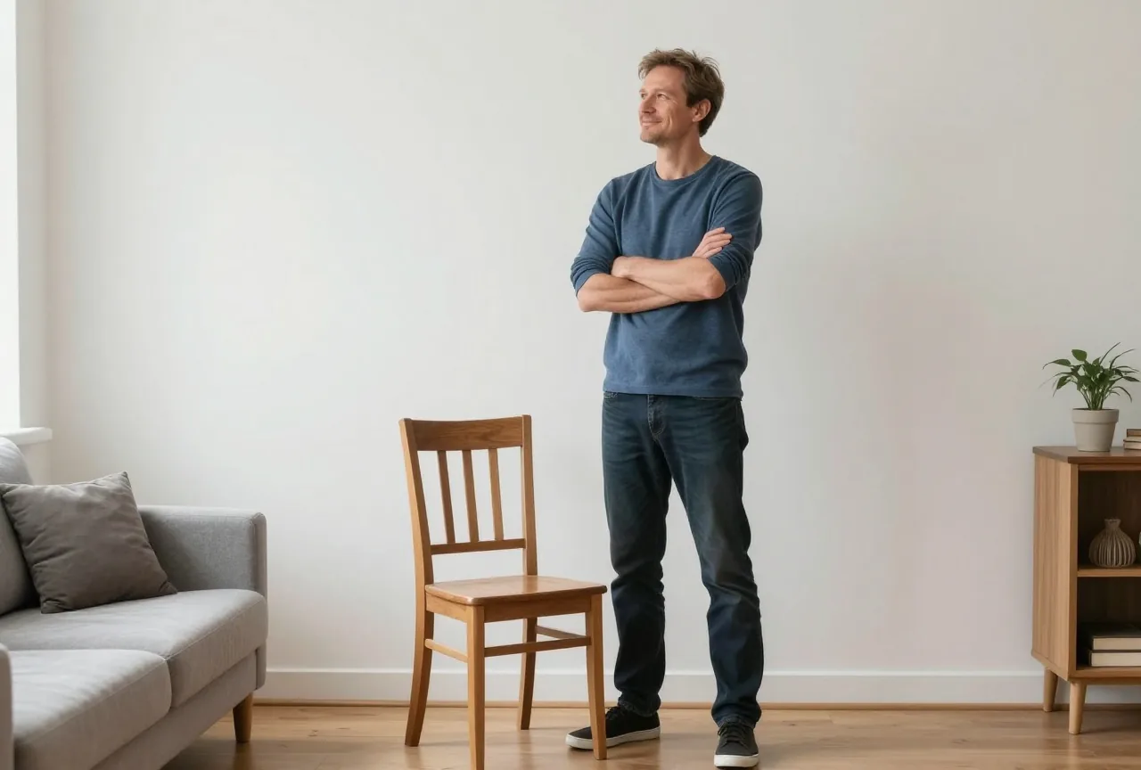 Mann in den Fünfzigern steht im Wohnzimmer mit verschränkten Armen von einem Holzstuhl an der Wand auf