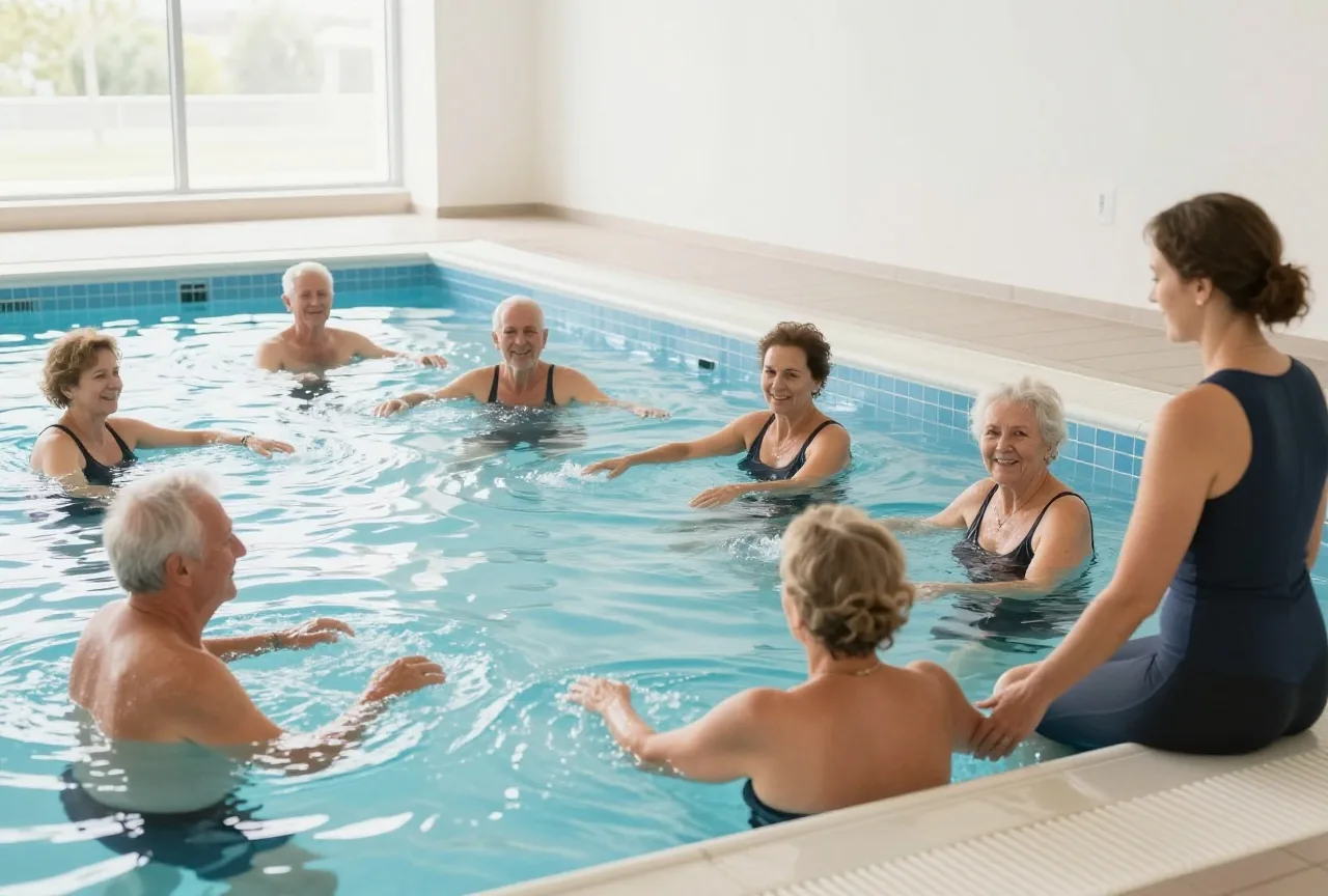 Kleine Gruppe Erwachsener macht in einem hellen Hallenbad Wassergymnastik, eine Trainerin steht am Beckenrand