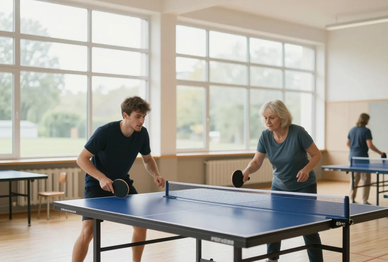 Zwei Erwachsene in den Dreißigern und Fünfzigern spielen in einem hellen Gemeindesaal Tischtennis