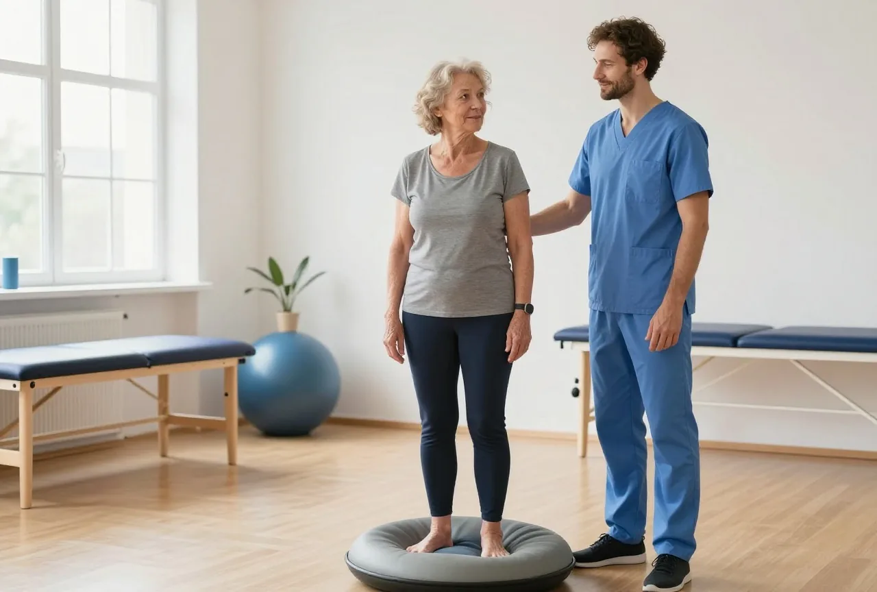 Frau in den Siebzigern steht in einer Physiotherapiepraxis auf einem Balancekissen, ein Physiotherapeut steht dicht daneben