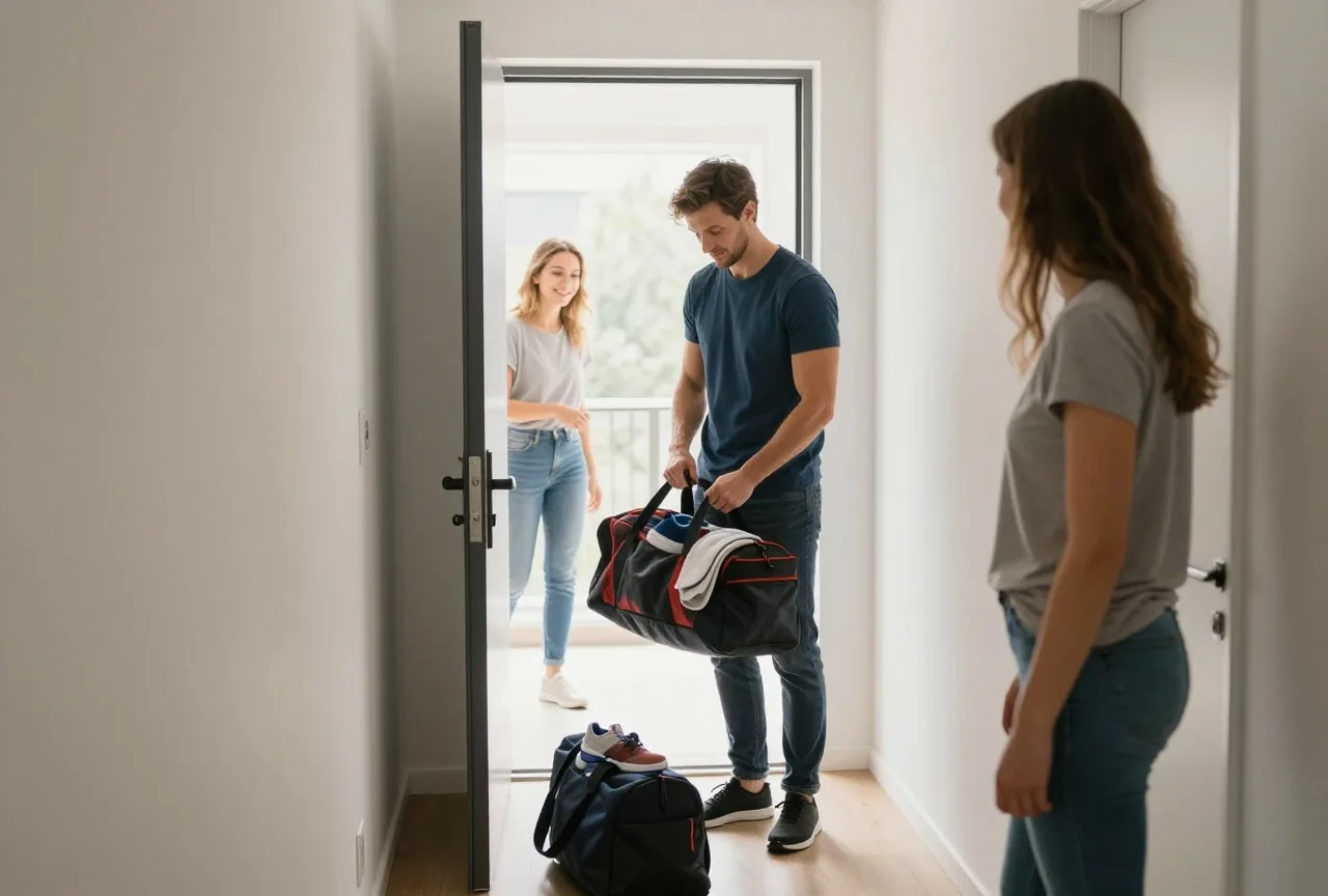 Mann in den Dreißigern packt morgens im Flur neben der Wohnungstür eine Sporttasche mit Handtuch und Turnschuhen