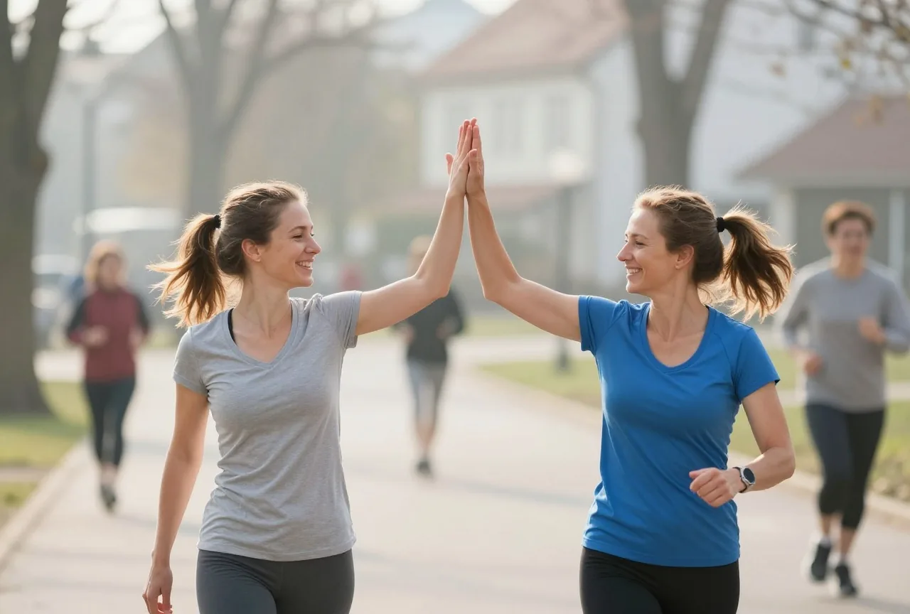 Zwei Frauen in den Vierzigern klatschen nach einem Morgenlauf im Park lächelnd die Hände ab