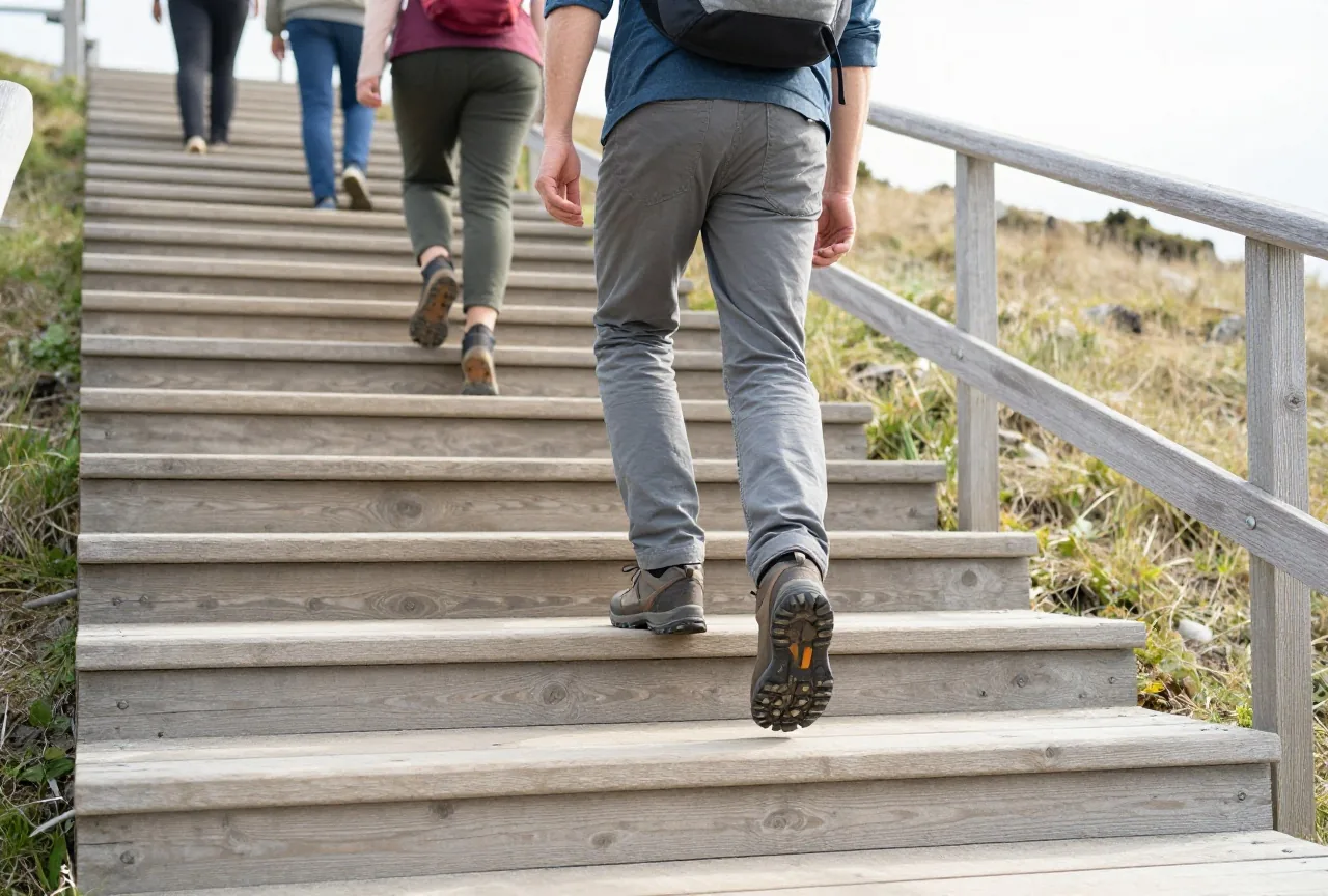 Mann in den Vierzigern steigt nach einer Wanderung vorsichtig eine Holztreppe hinab und hält sich am Geländer fest