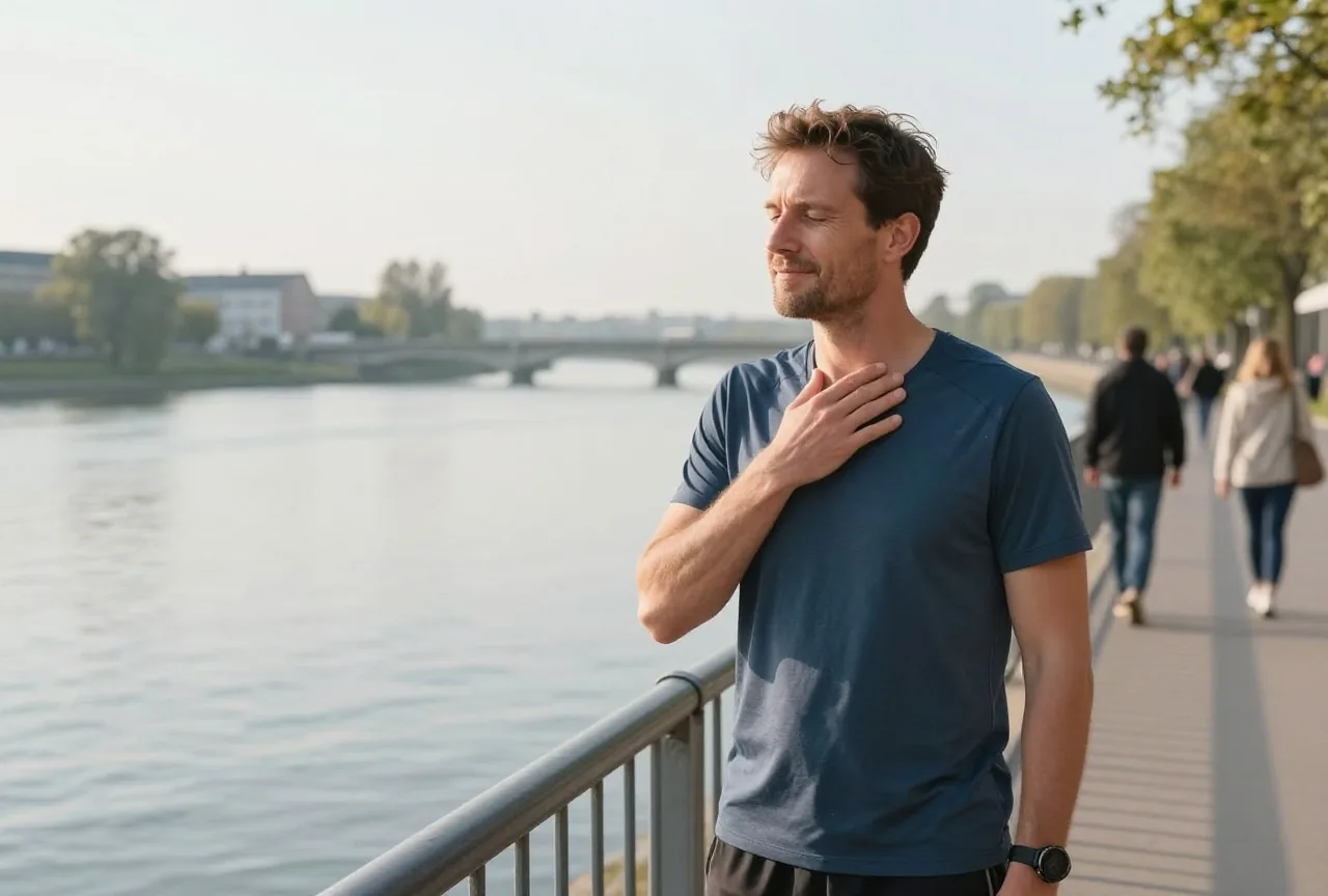 Mann um die vierzig steht nach dem Laufen an einem Geländer am Fluss und fühlt den Puls am Hals