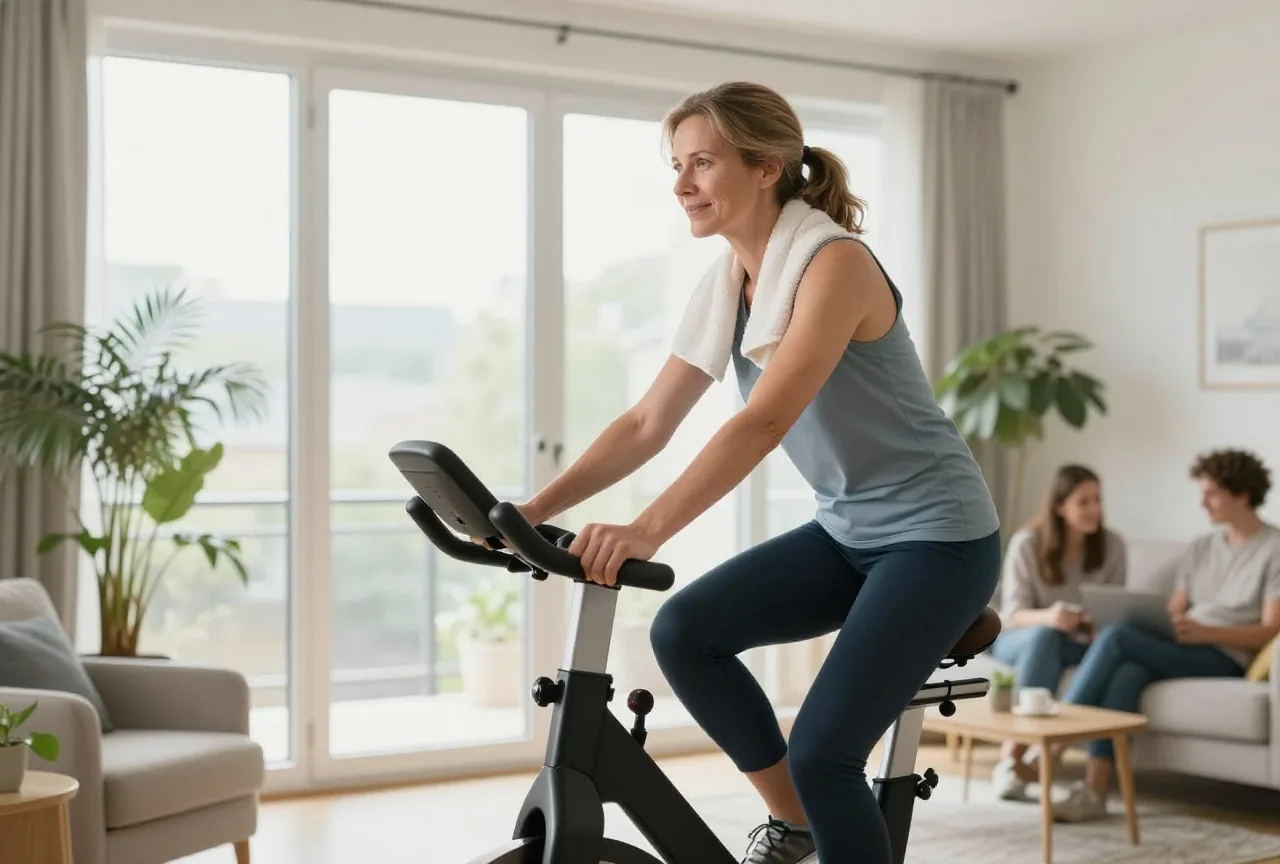 Frau in den Vierzigern fährt im hellen Wohnzimmer mit einem Handtuch über der Schulter auf einem Heimtrainer