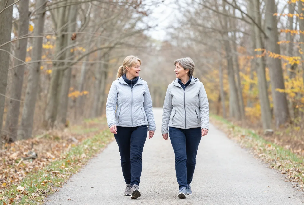 Zwei Frauen in den Fünfzigern gehen im Herbst zügig einen Waldweg bergauf und unterhalten sich dabei