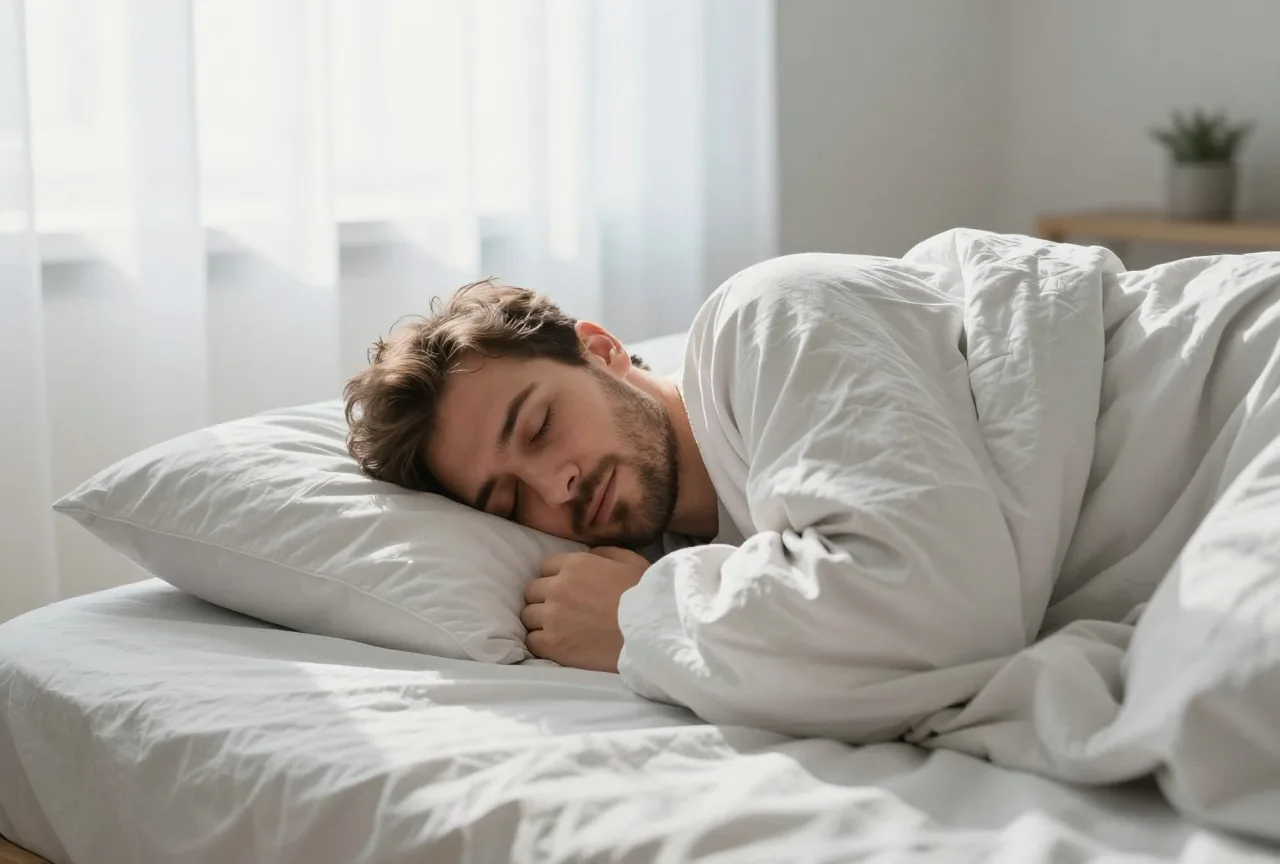 Mann in den Dreißigern schläft am frühen Morgen ruhig unter einer hellen Decke im Schlafzimmer