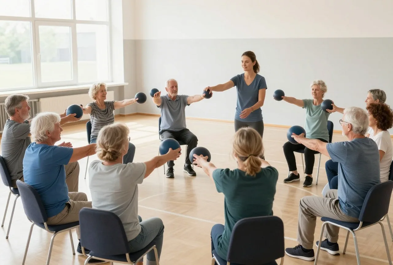 Frauen und Männer in den Fünfzigern bis Siebzigern machen in einer Sporthalle im Stuhlkreis Armübungen mit weichen Bällen