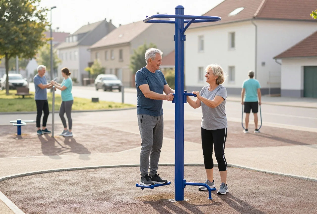 Mann und Frau in den Sechzigern trainieren an einem sonnigen Morgen an Geräten in einem Bewegungspark