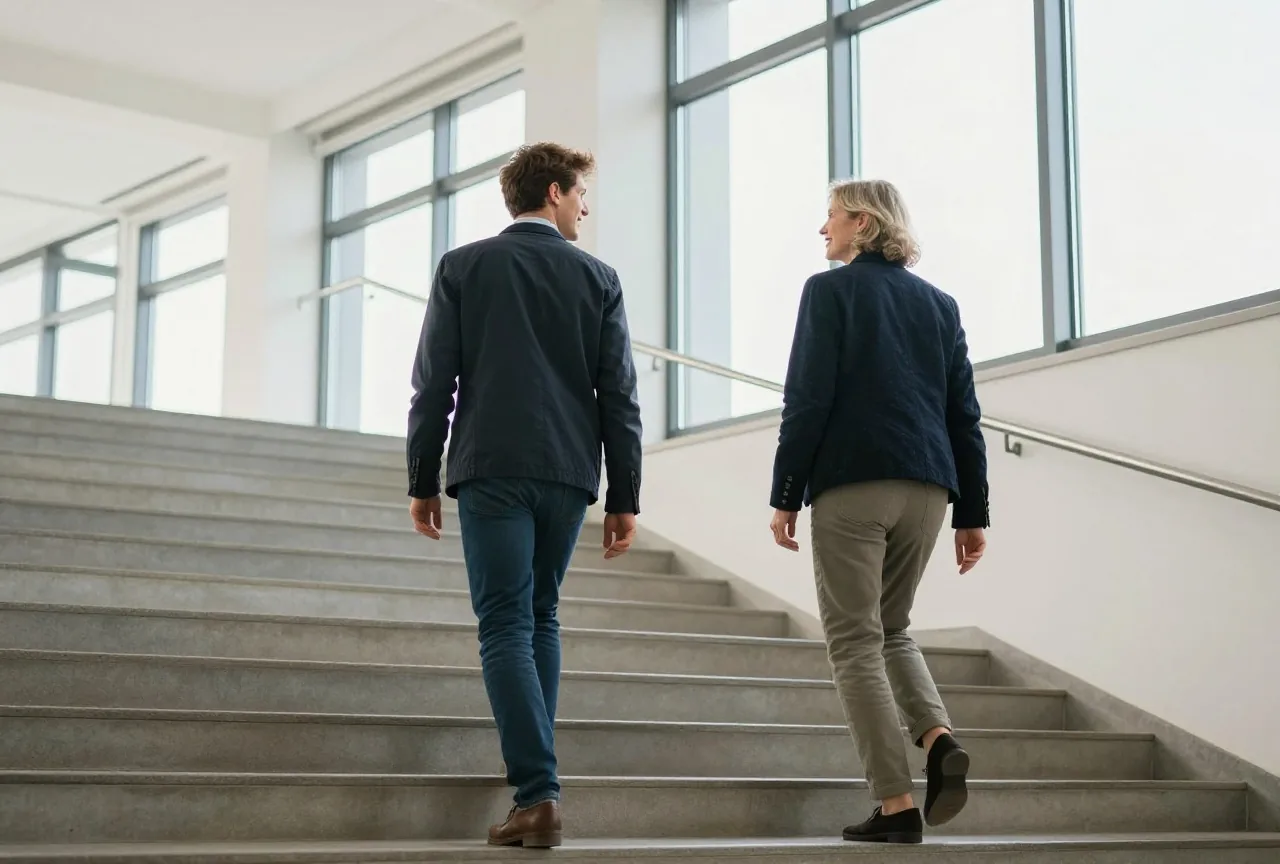 Zwei Kollegen in den Dreißigern und Fünfzigern gehen in einem hellen Bürogebäude die Treppe hinauf