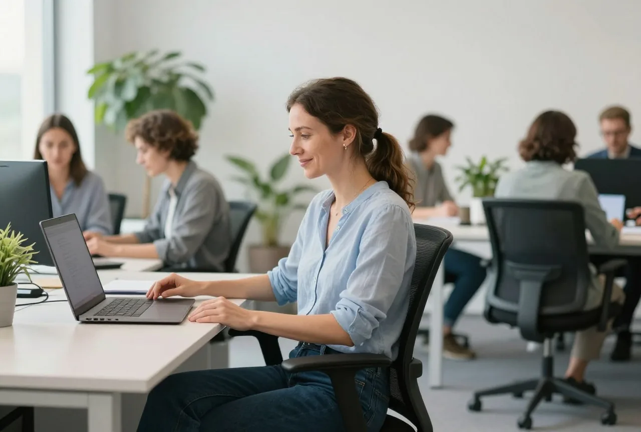 Frau in den Vierzigern stellt in einem hellen Büro mit Pflanzen die Höhe ihres Bürostuhls ein