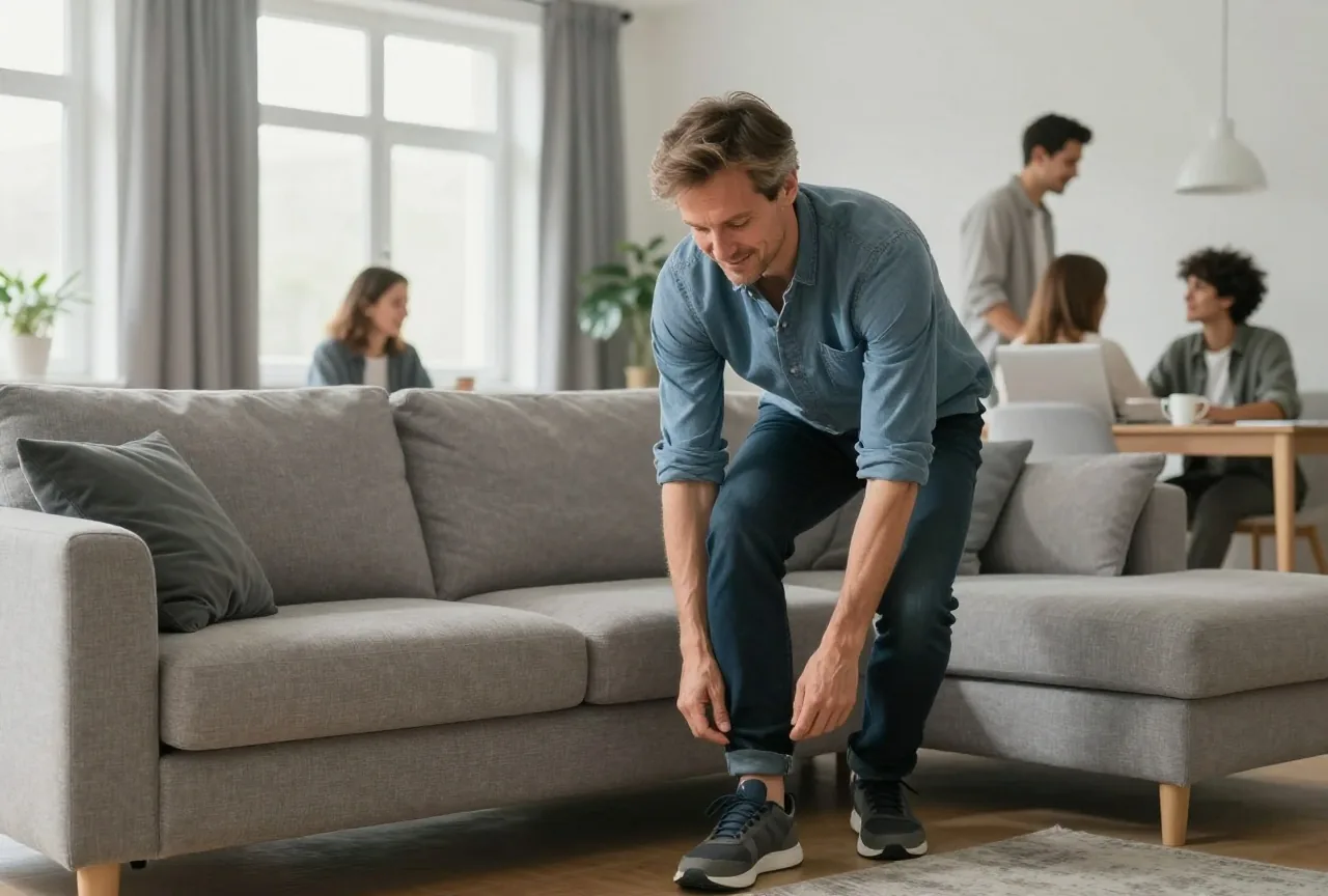 Mann in den Fünfzigern steht am frühen Abend vom Sofa auf und zieht seine Turnschuhe an