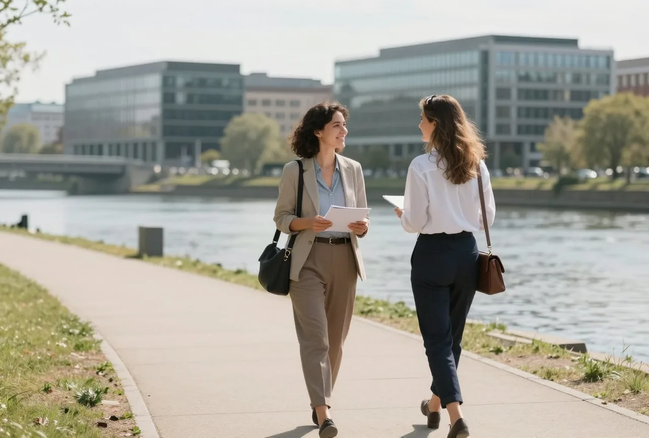 Zwei Kolleginnen in den Dreißigern und Vierzigern besprechen sich beim Gehen auf einem Weg am Fluss