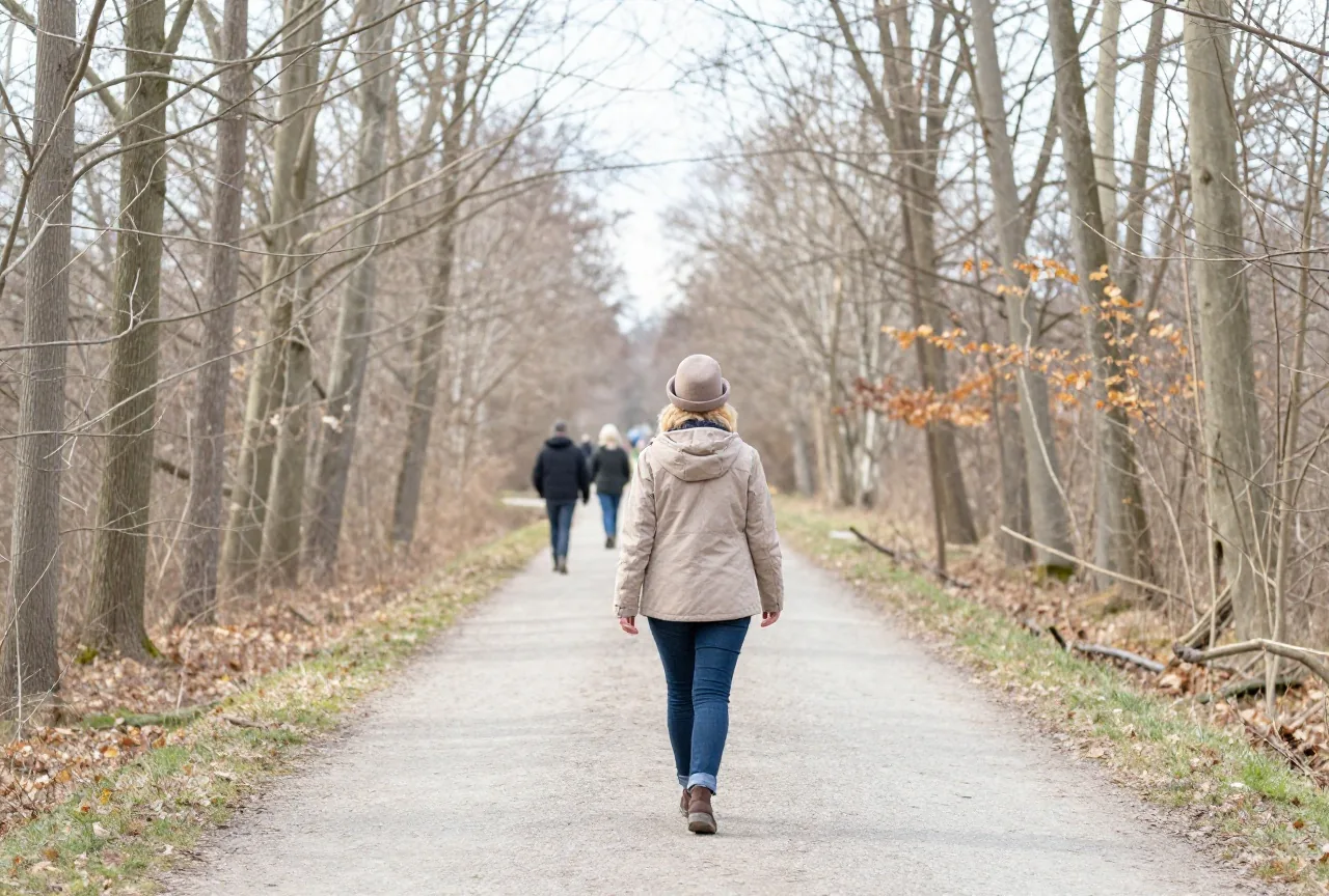 Frau in den Vierzigern geht an einem klaren Herbsttag warm angezogen locker einen Waldweg entlang