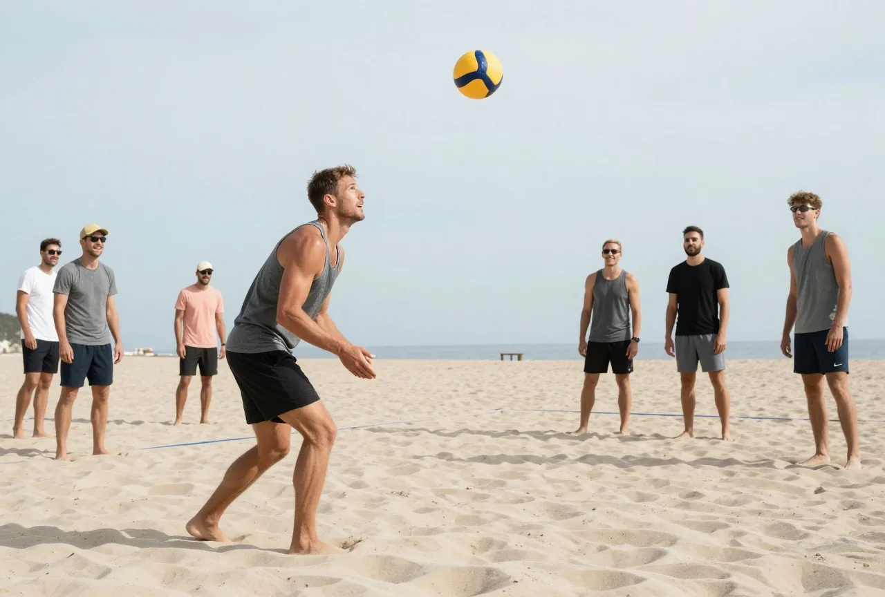 Mann in den Dreißigern spielt an einem sonnigen Nachmittag mit Freunden Beachvolleyball und lacht