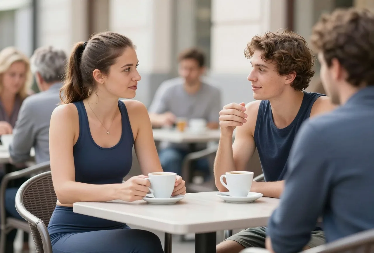 Junge Frau in Sportkleidung sitzt am Nachmittag mit einer Freundin auf einer Caféterrasse und spricht in Ruhe