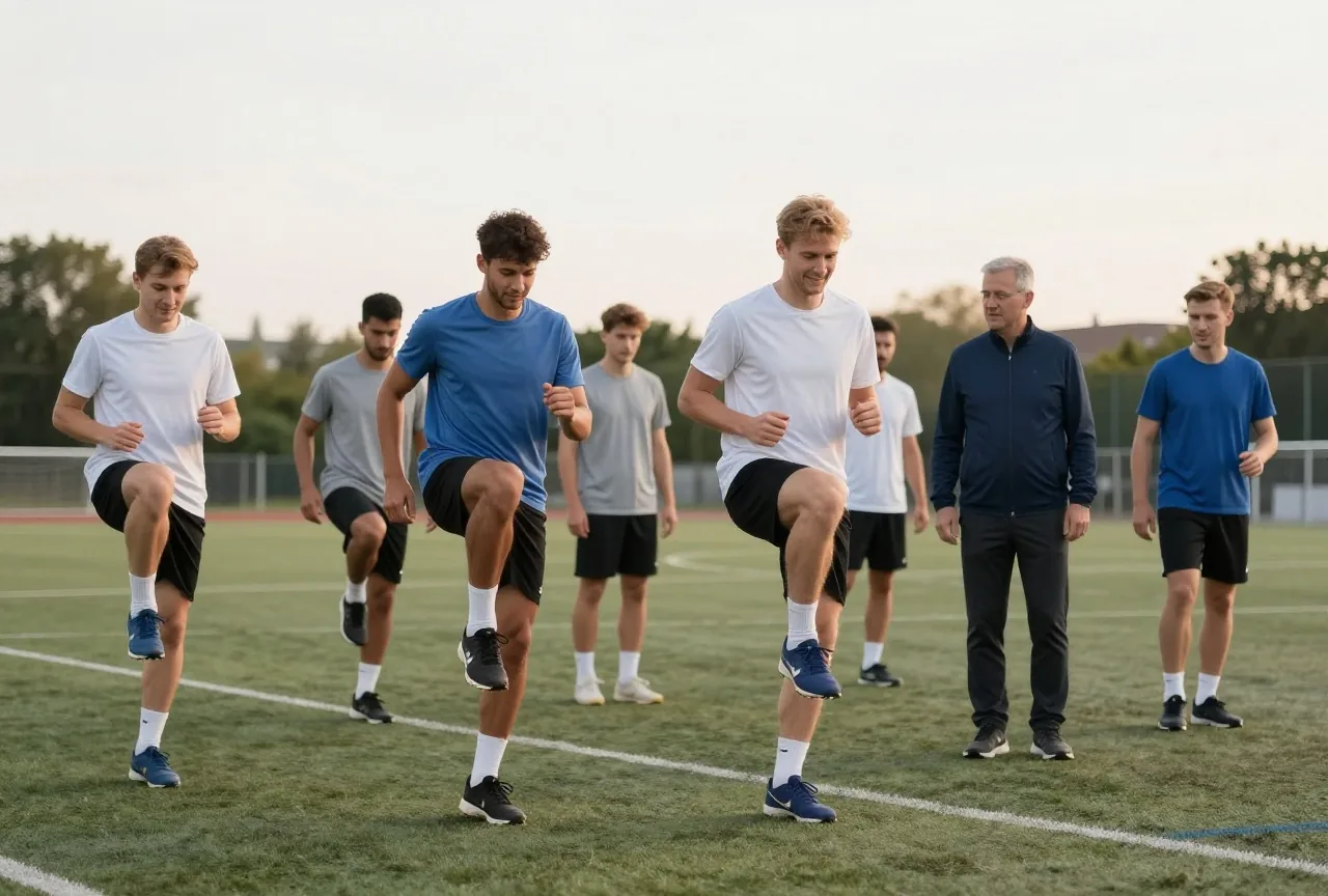 Gruppe Männer in den Zwanzigern und Dreißigern wärmt sich am Abend auf einem Fußballplatz mit Kniehebelauf auf