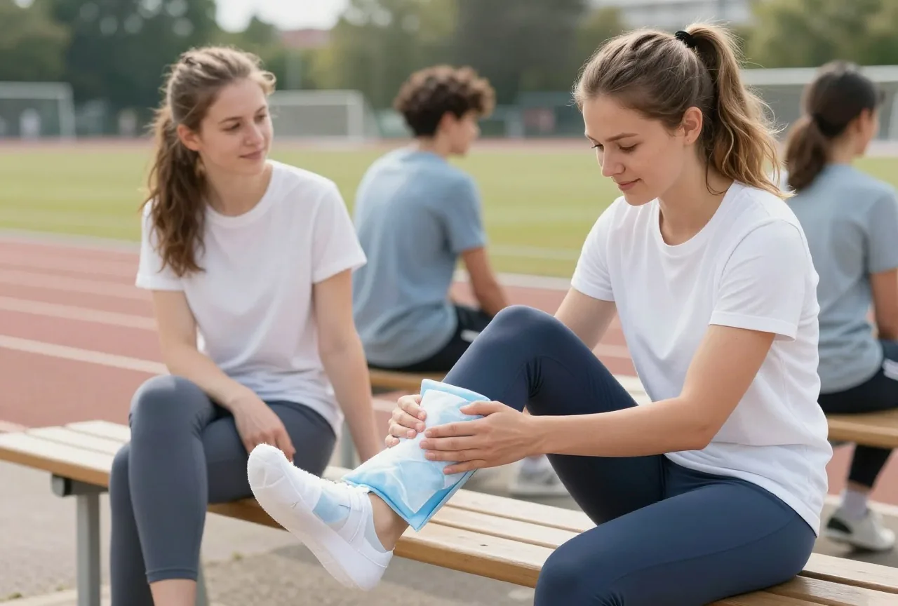 Frau in den Dreißigern kühlt auf einer Bank am Sportplatz ihren hochgelegten Knöchel mit einem eingewickelten Kühlpack