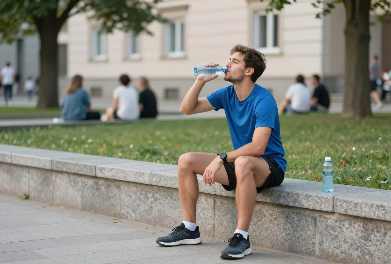 Mann in den Dreißigern sitzt am Abend in Laufkleidung auf einer niedrigen Steinmauer und trinkt Wasser