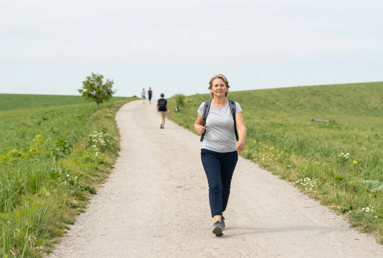 Frau in den Fünfzigern wandert im Sommer mit kleinem Rucksack zügig einen hügeligen Feldweg bergauf